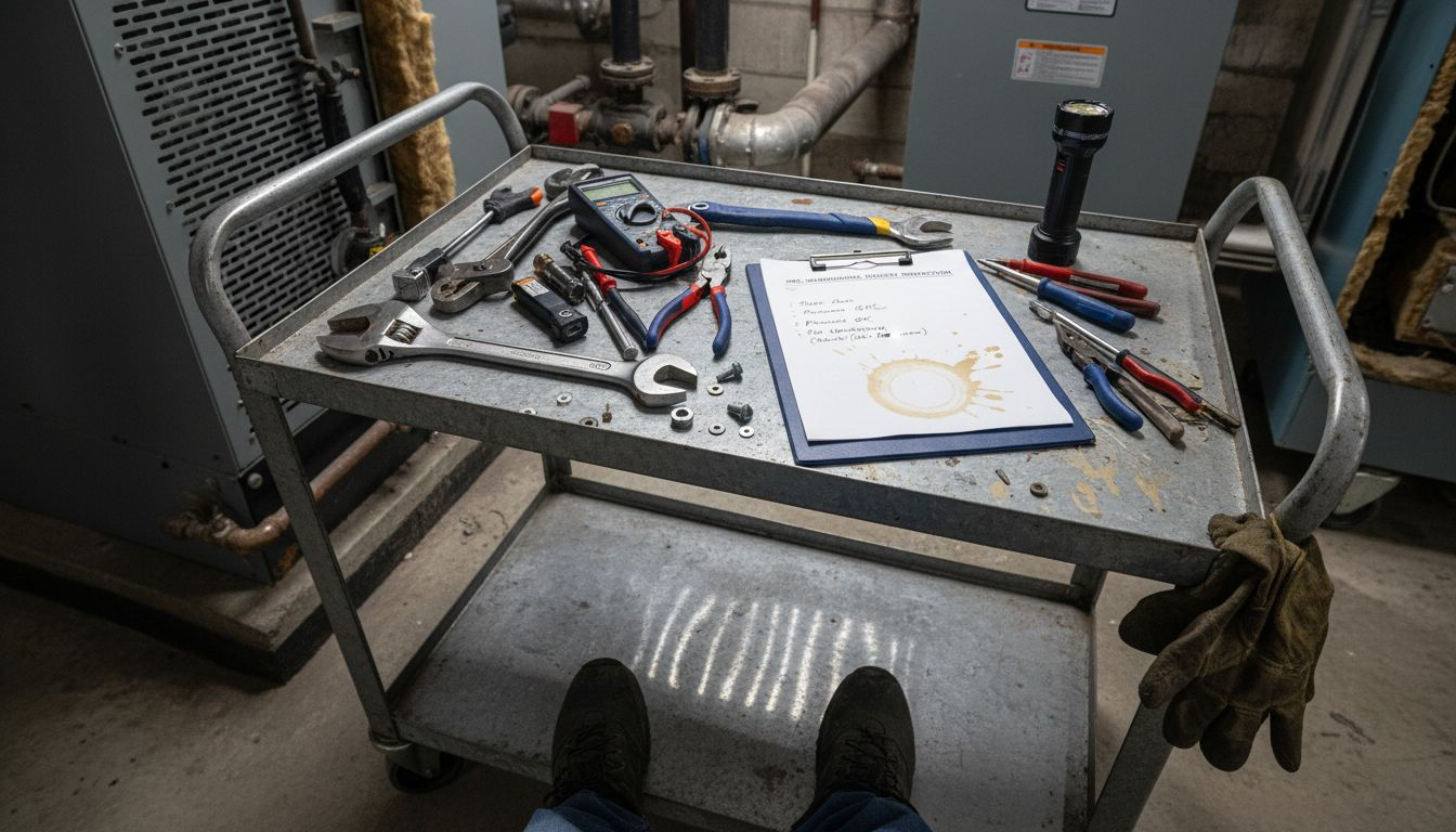 Maintenance tools and checklist next to heating unit