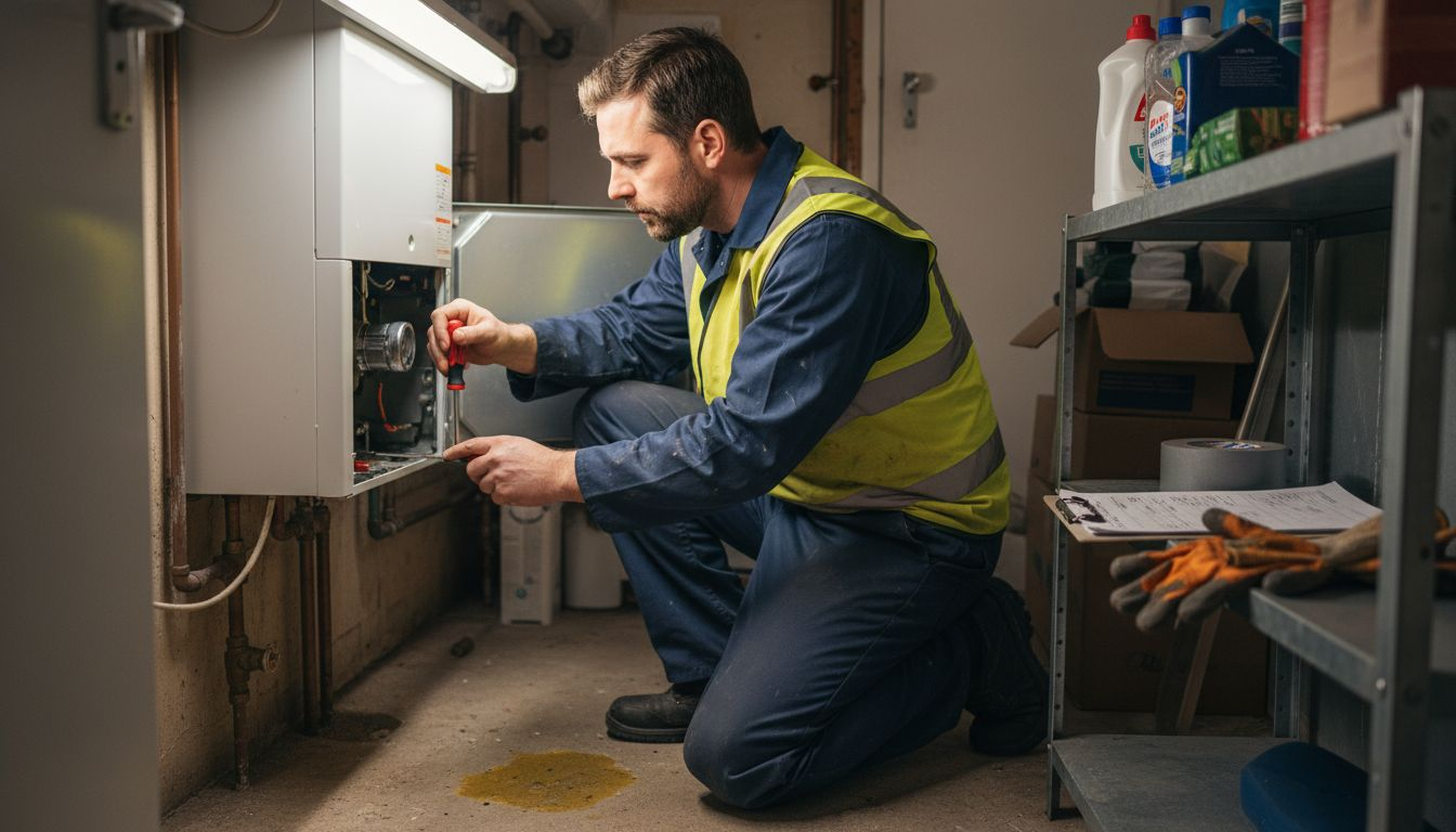 Technician servicing home boiler in utility room