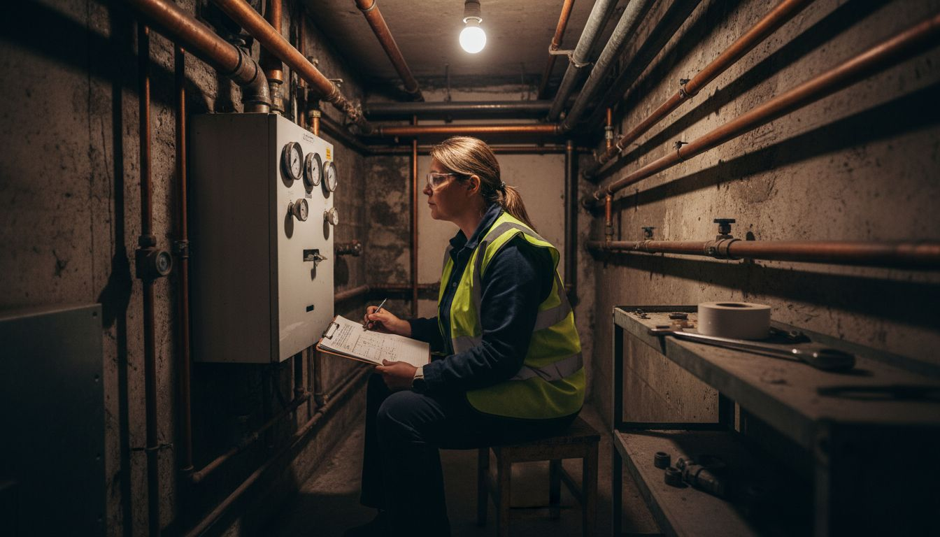 Engineer inspecting boiler gauges in basement