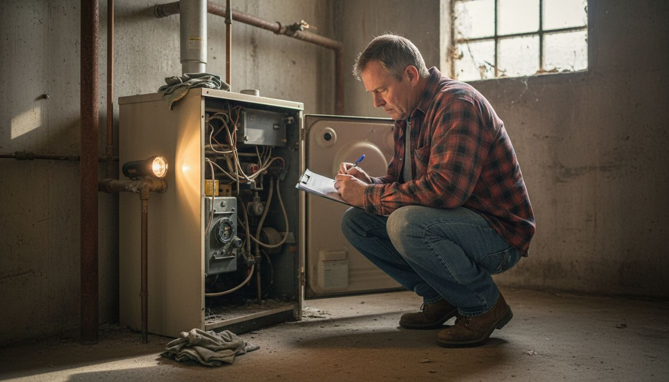 Homeowner inspecting and preparing heating system