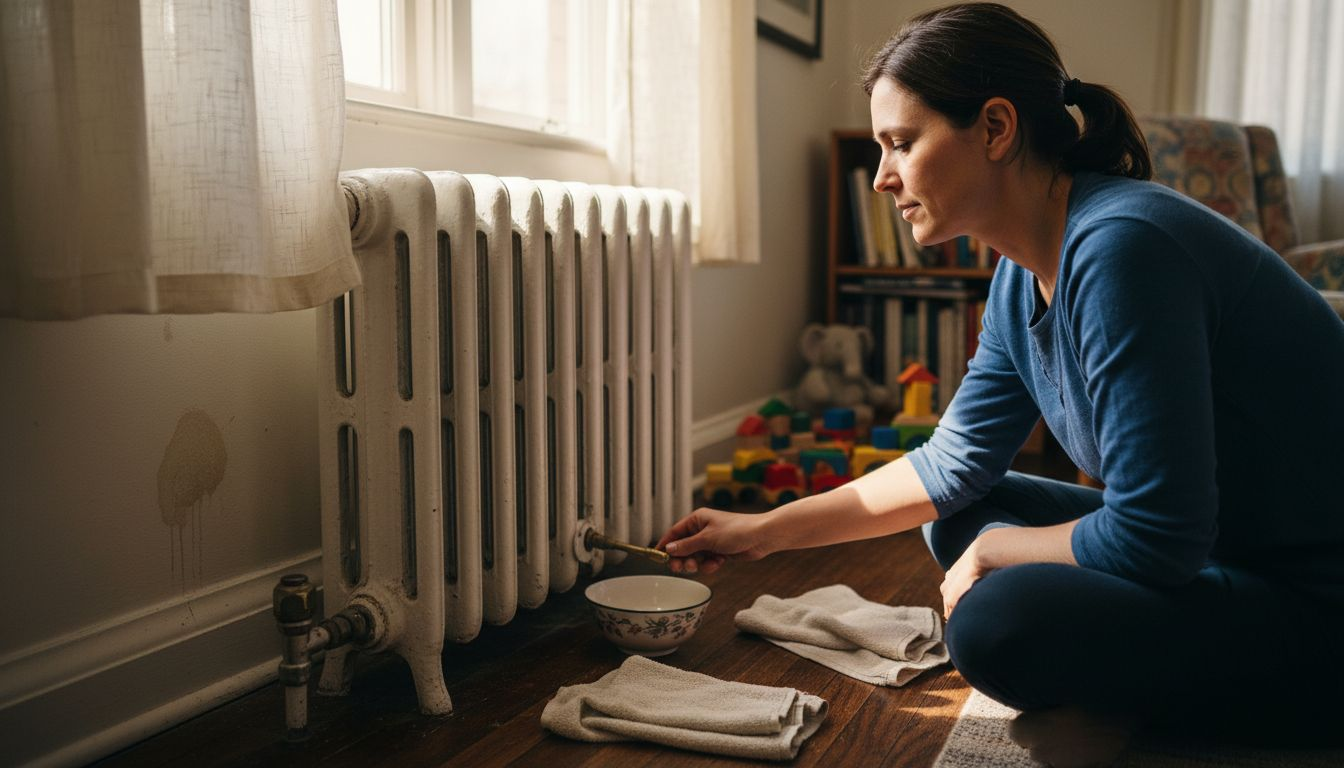 Woman cleaning and bleeding home radiator