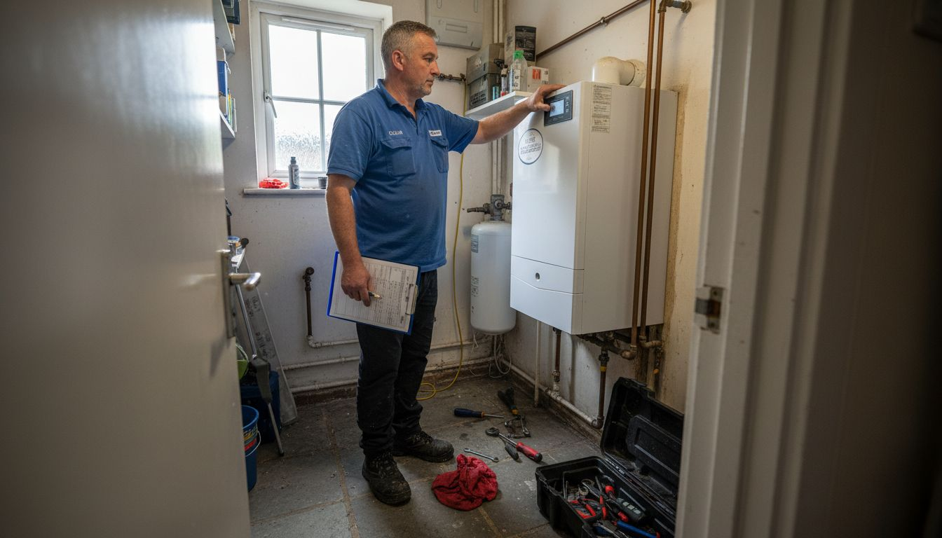 Engineer inspecting vertical boiler in Hampshire home