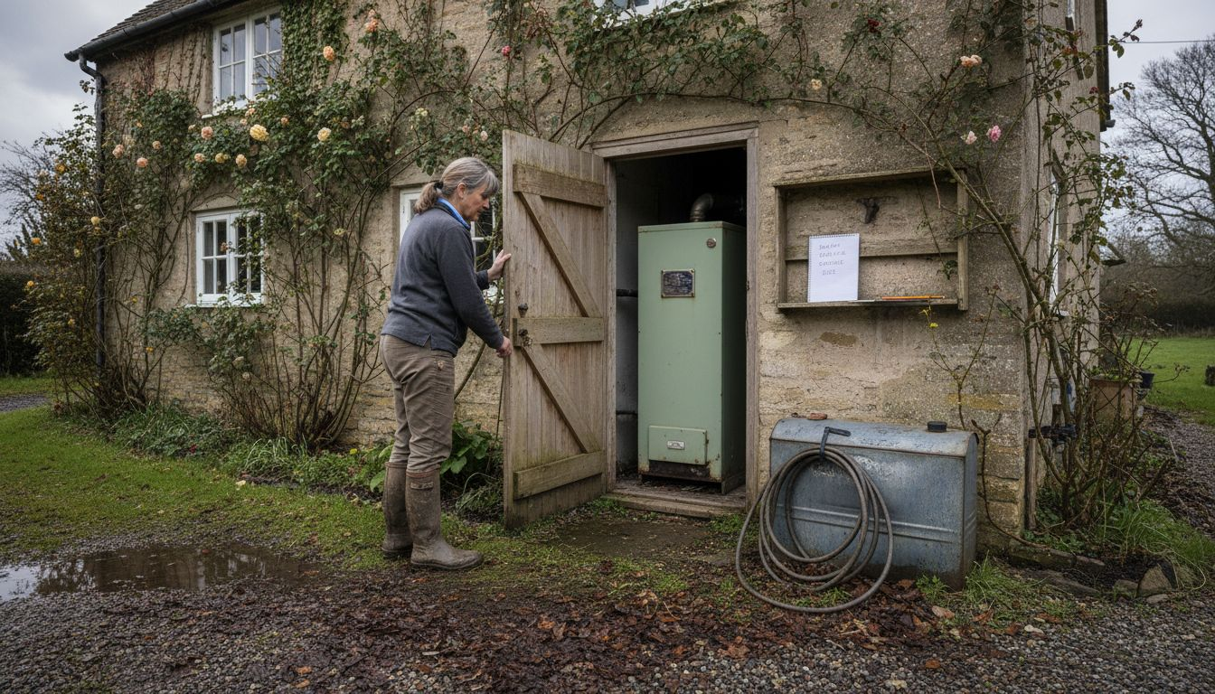 Oil-fired boiler outside rural Hampshire cottage