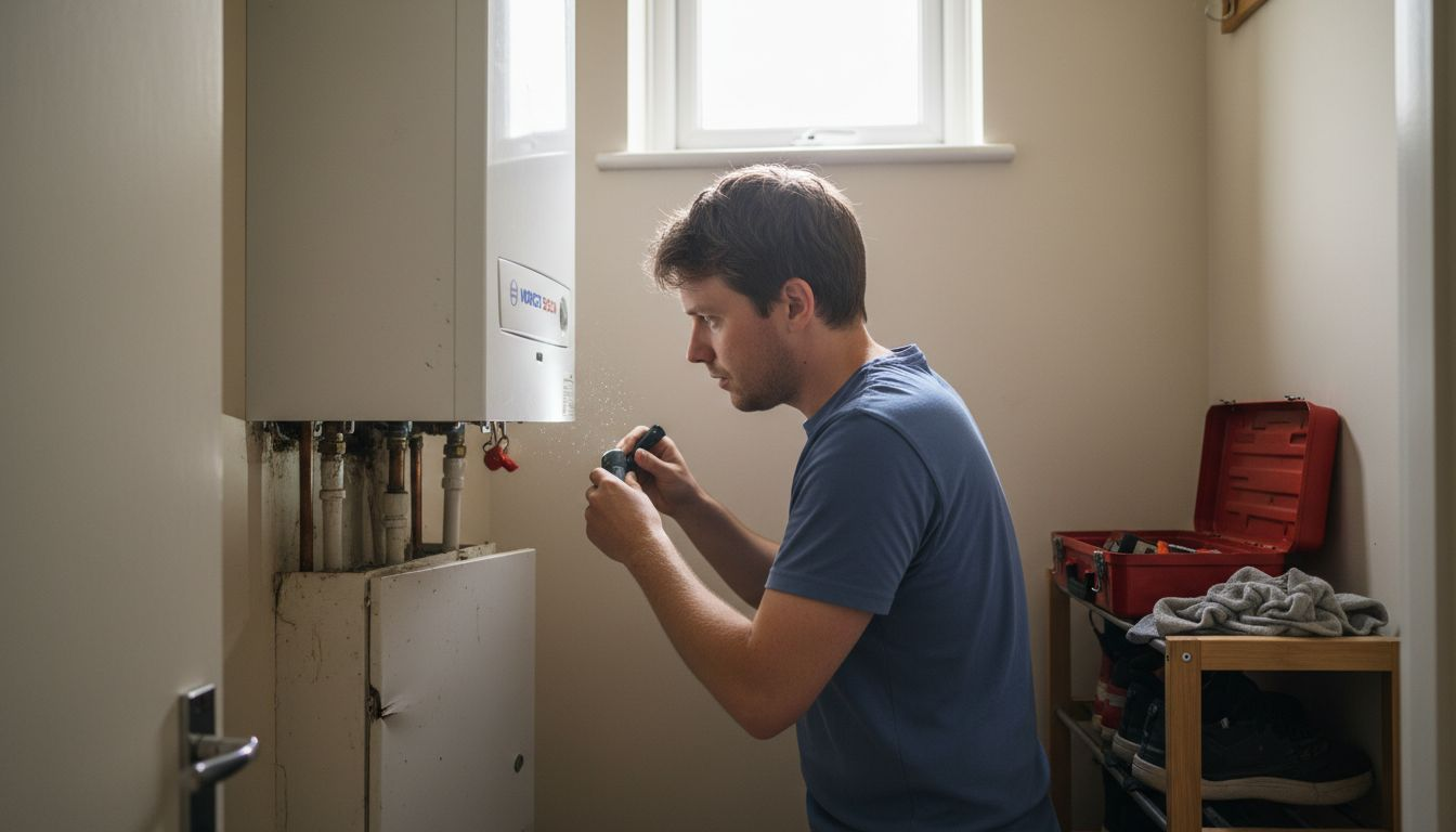 Homeowner inspecting gas boiler external parts