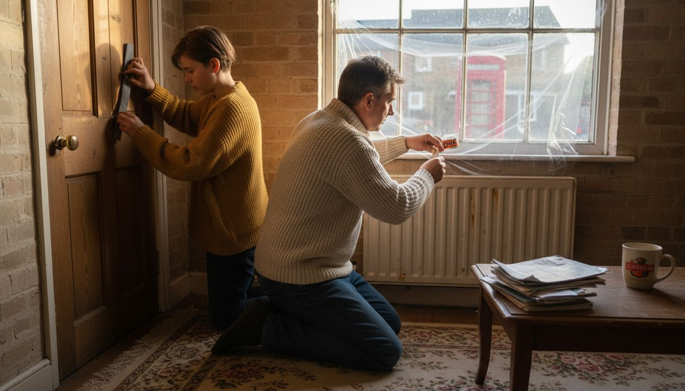 Family preparing home to save on heating bills