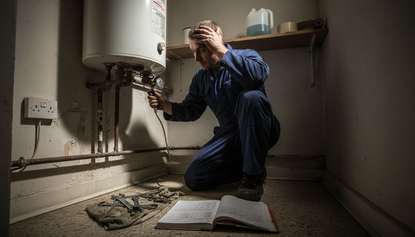 Plumber inspecting hot water system maintenance