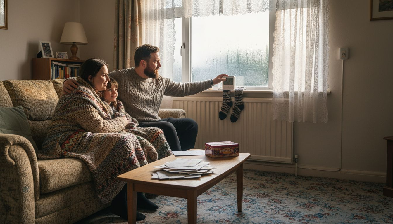Family adjusts thermostat in cozy winter living room