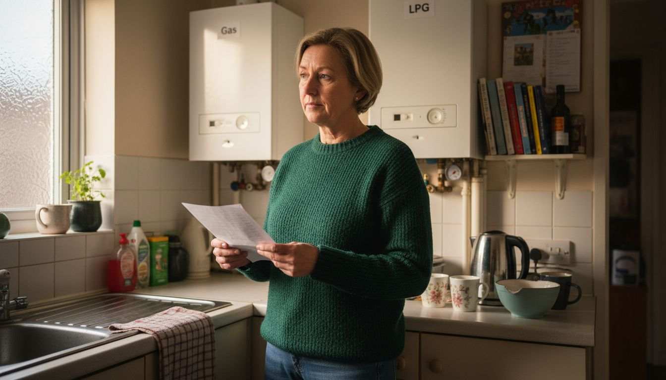 Homeowner comparing gas and LPG boilers in kitchen