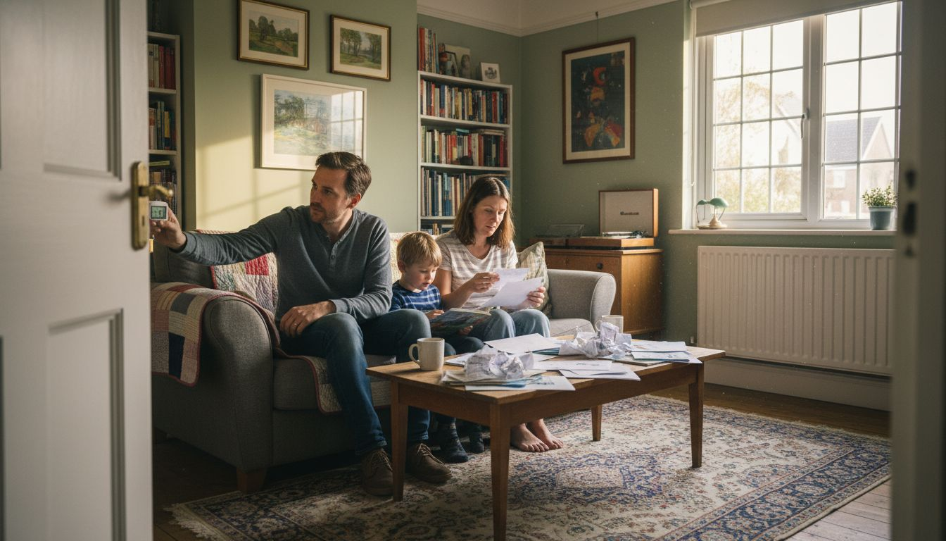 Family adjusts home heating in sunlit living room