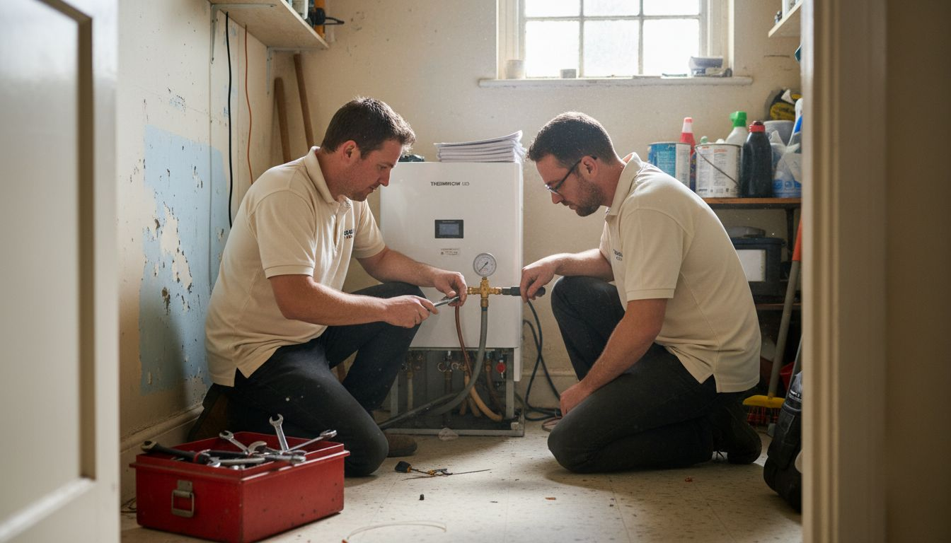 Installers setting up heat pump in utility room