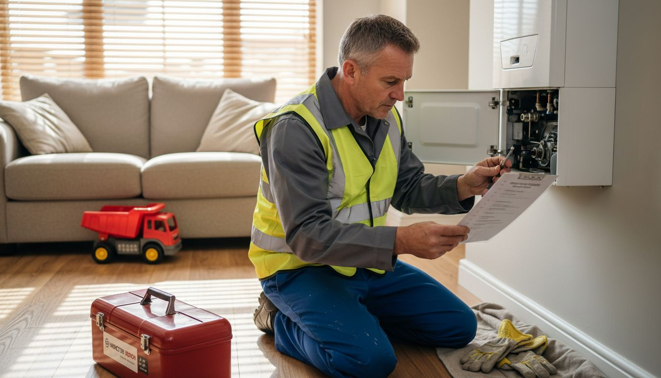 Technician reviews checklist for emergency heating repair