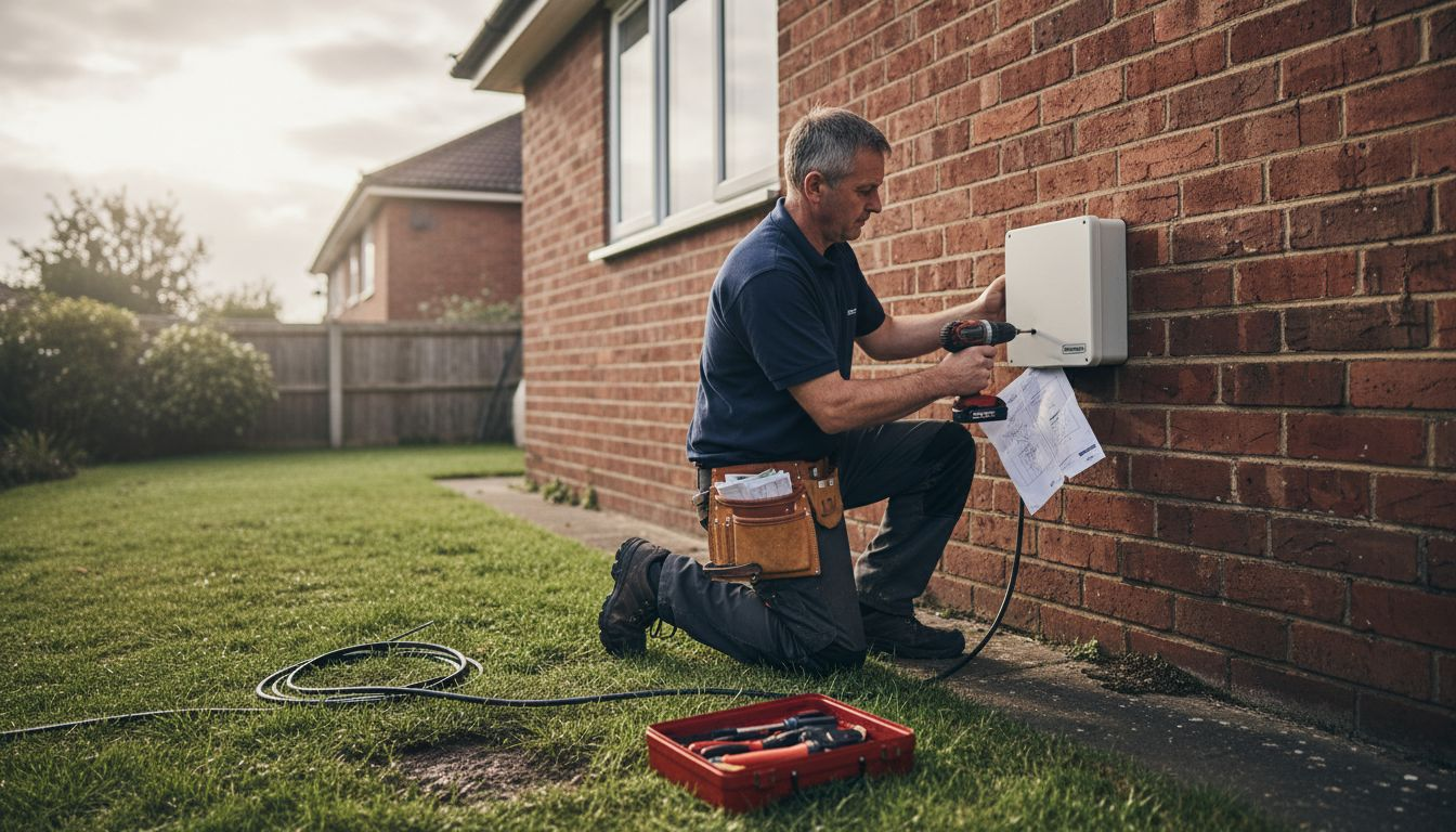 Technician installing heat exchanger outside home