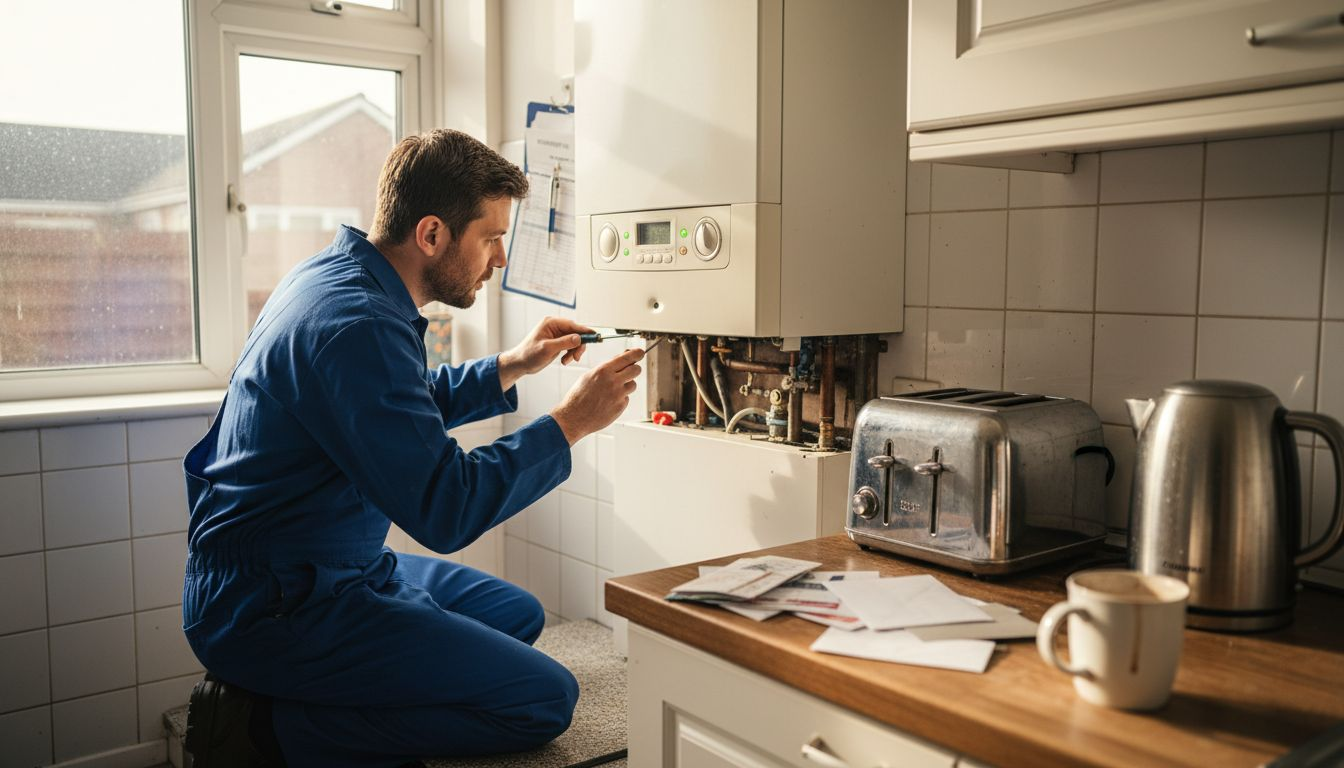 Technician servicing condensing boiler in kitchen