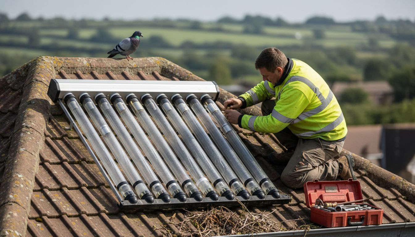 Installer working on evacuated tube solar collector