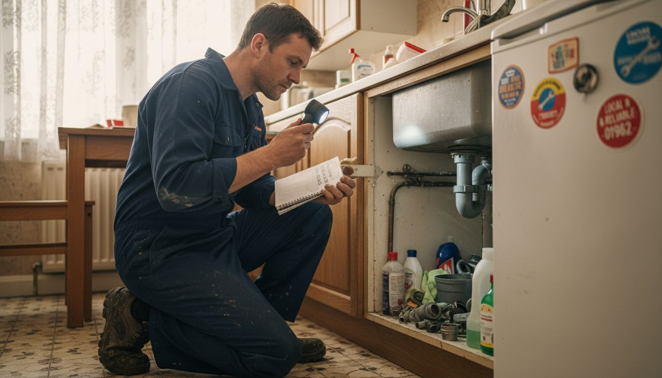 Plumber inspecting pipes in Hampshire kitchen