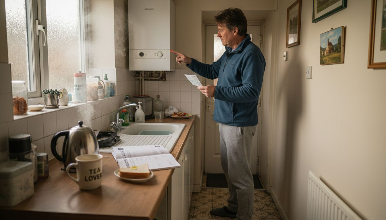 Homeowner inspecting boiler in Hampshire kitchen