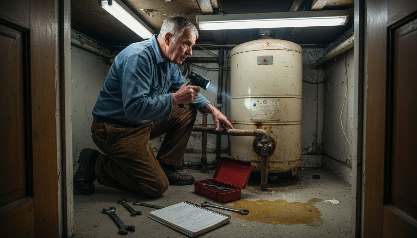 Elderly man checking old hot water cylinder