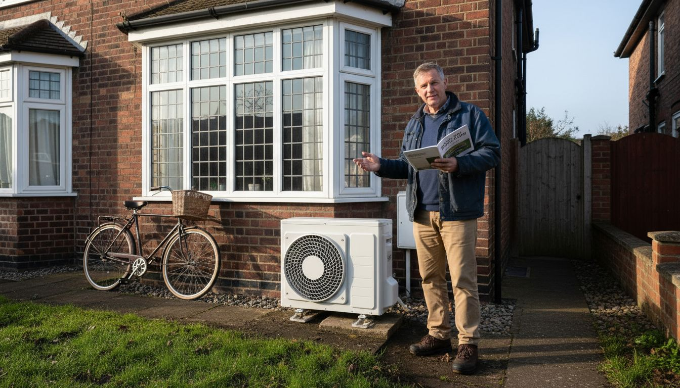 Homeowner with hybrid heat pump by house