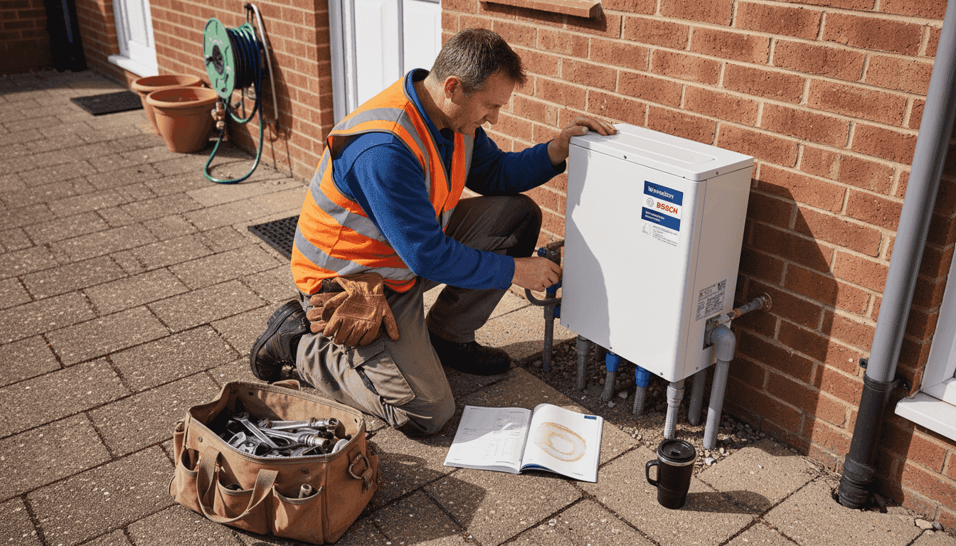 Engineer installing air-to-water hybrid heat pump