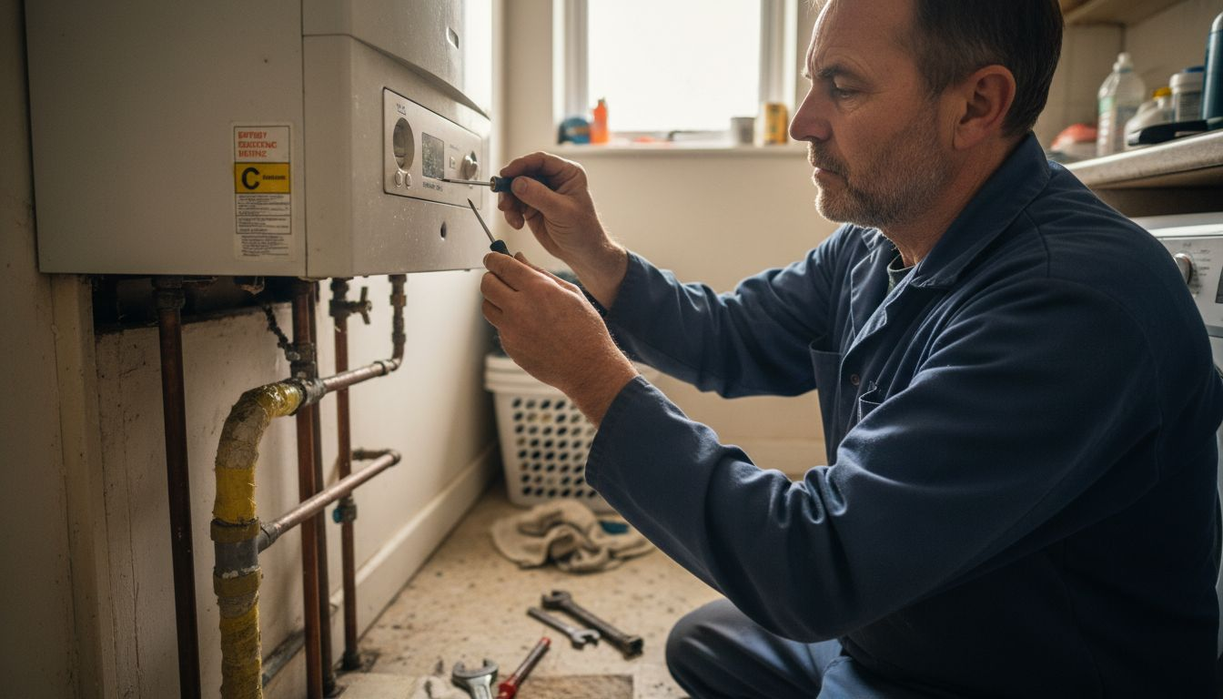 Engineer adjusting boiler for baseboard system