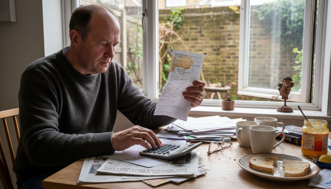 Man checking energy savings on kitchen table