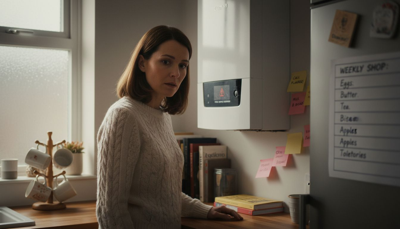 Woman viewing boiler warning in kitchen