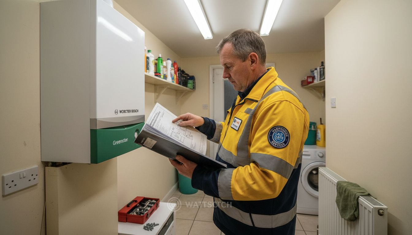 Technician checking instant gas hot water boiler