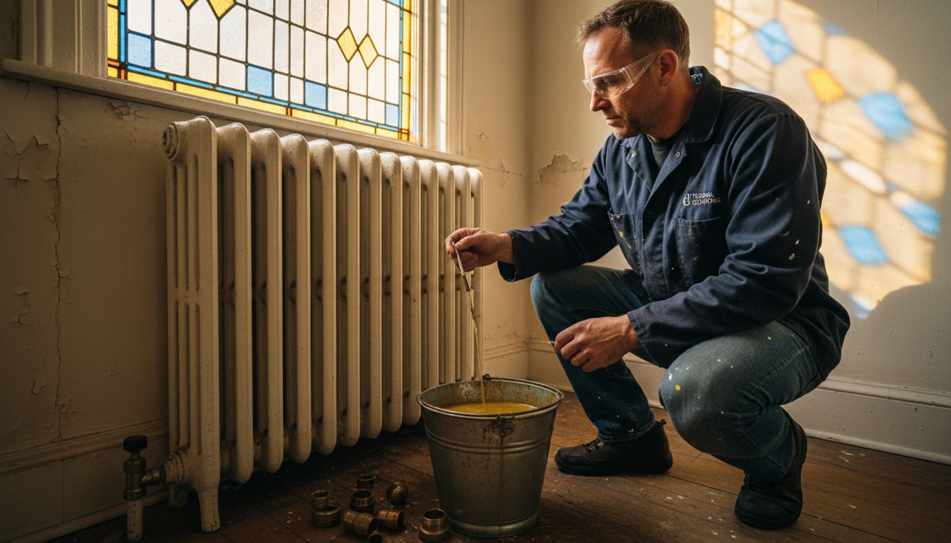 Engineer bleeding radiator with tools nearby