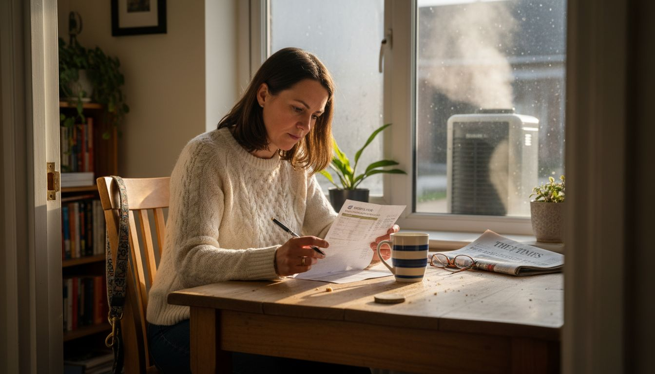 Woman checks bill near home heat pump