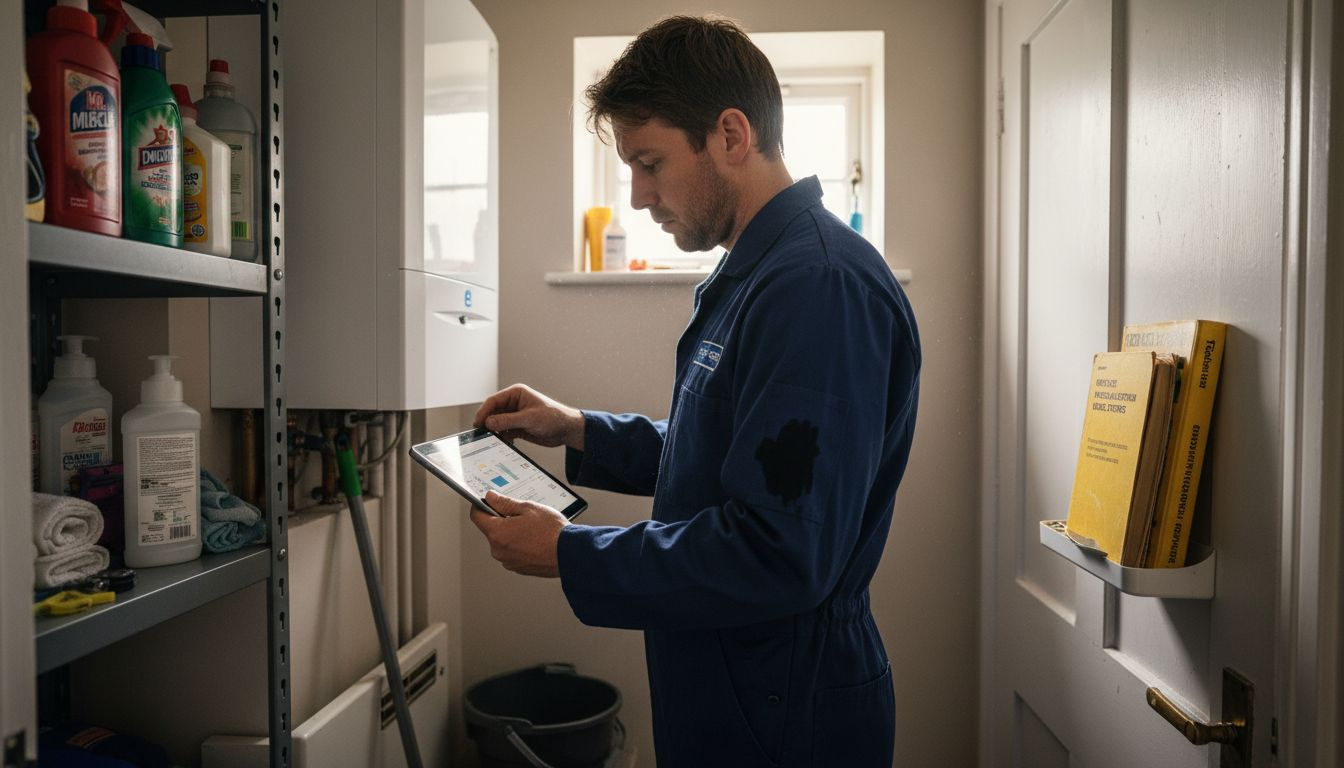Heating engineer checking residential boiler