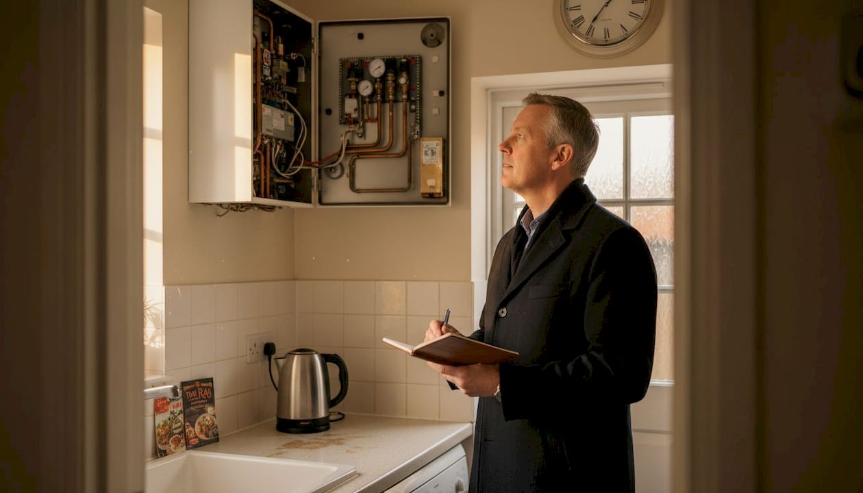 Landlord checking boiler in rental kitchen