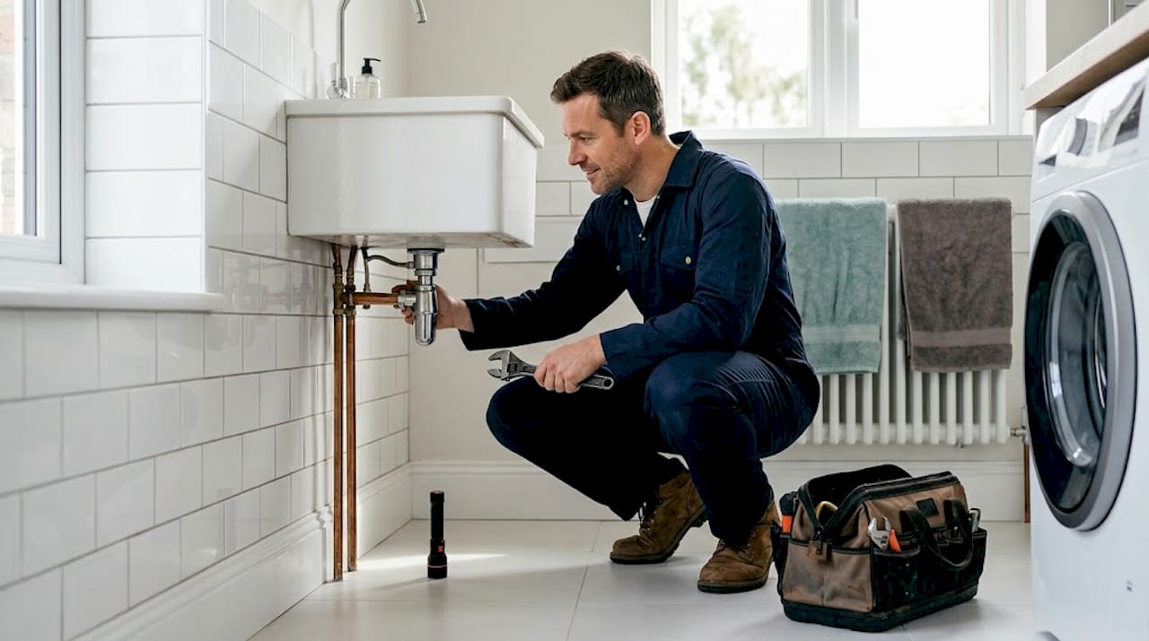 Plumber inspecting leaking pipe in laundry room