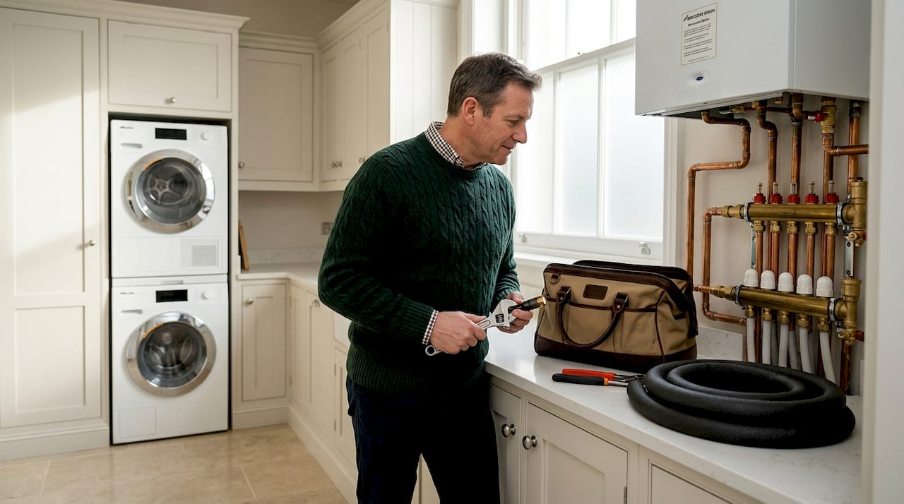 Homeowner inspecting pipes for winter risk