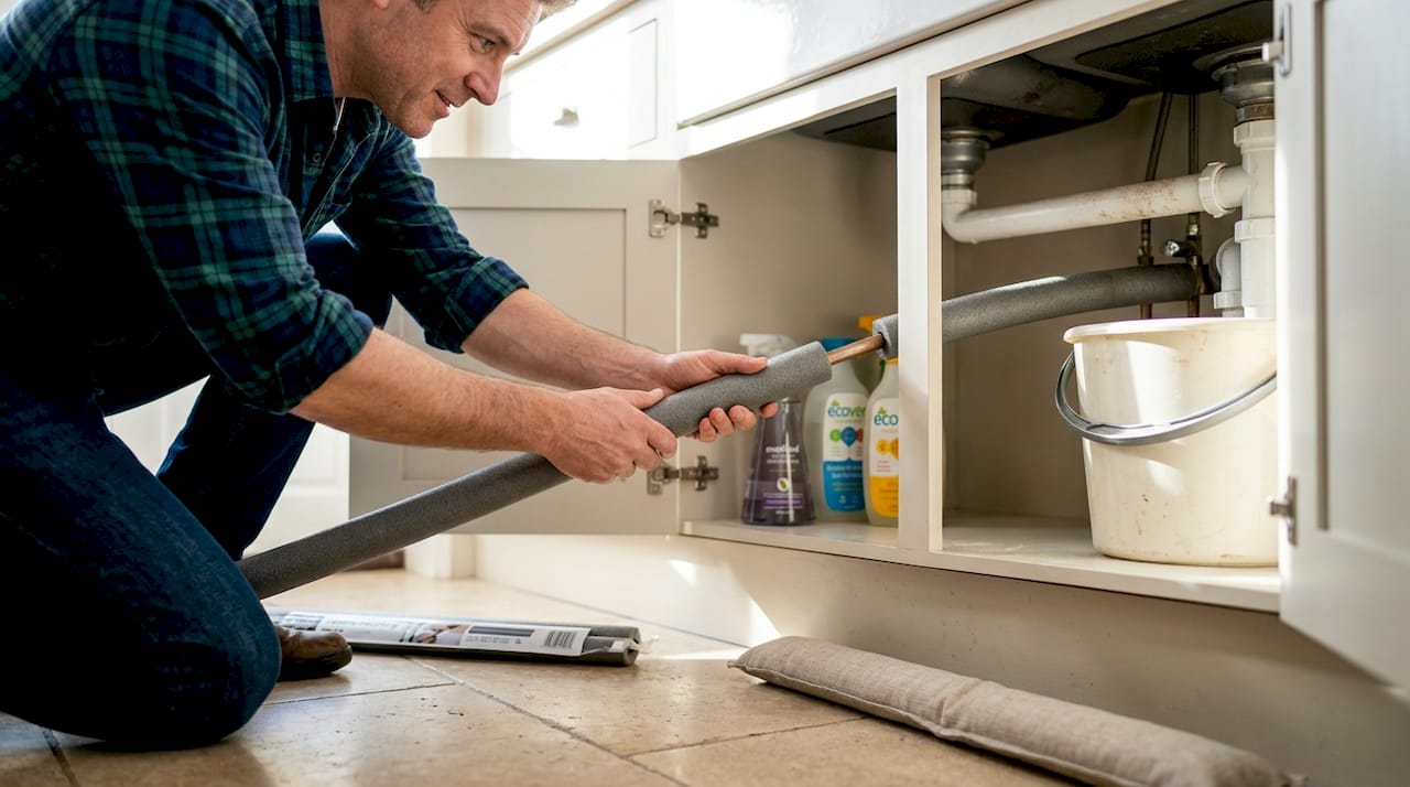 Hands installing foam lagging on pipe