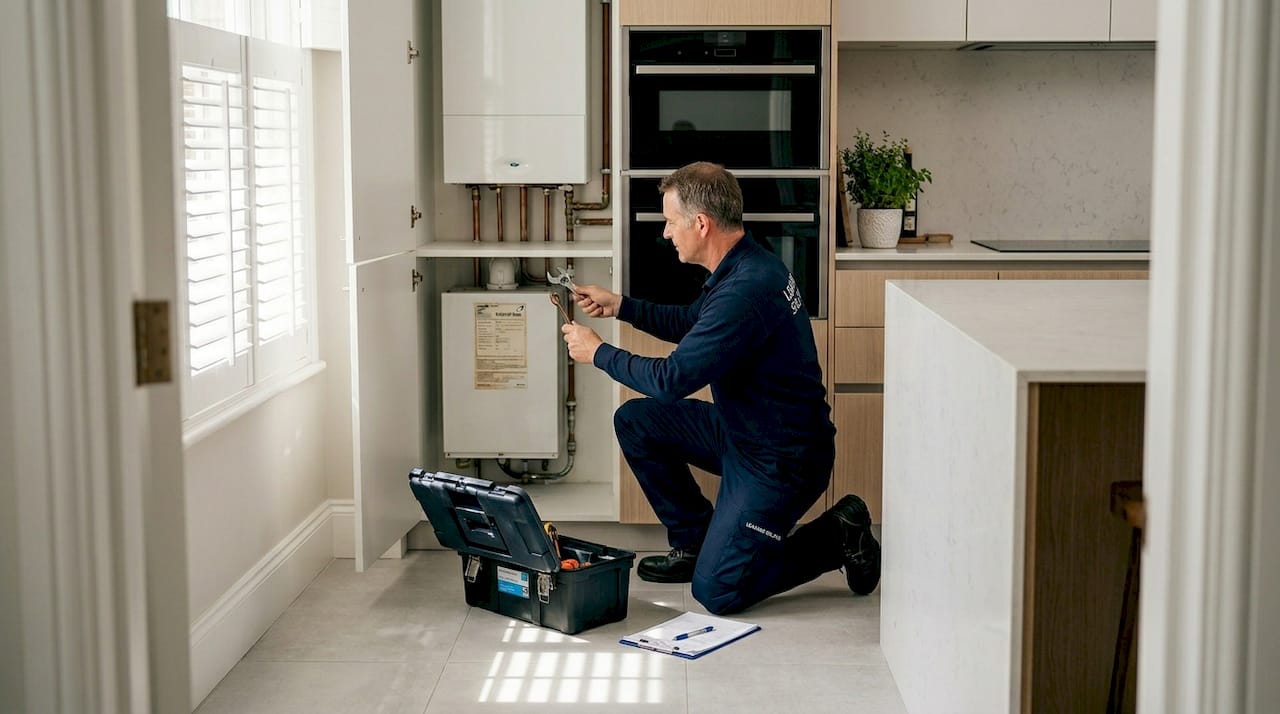Engineer descaling boiler in Hampshire kitchen