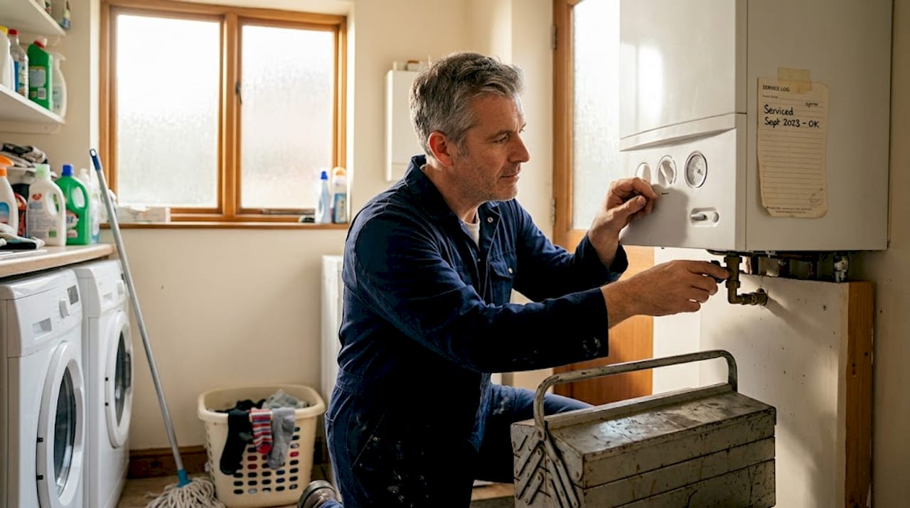 Technician checking home boiler setup