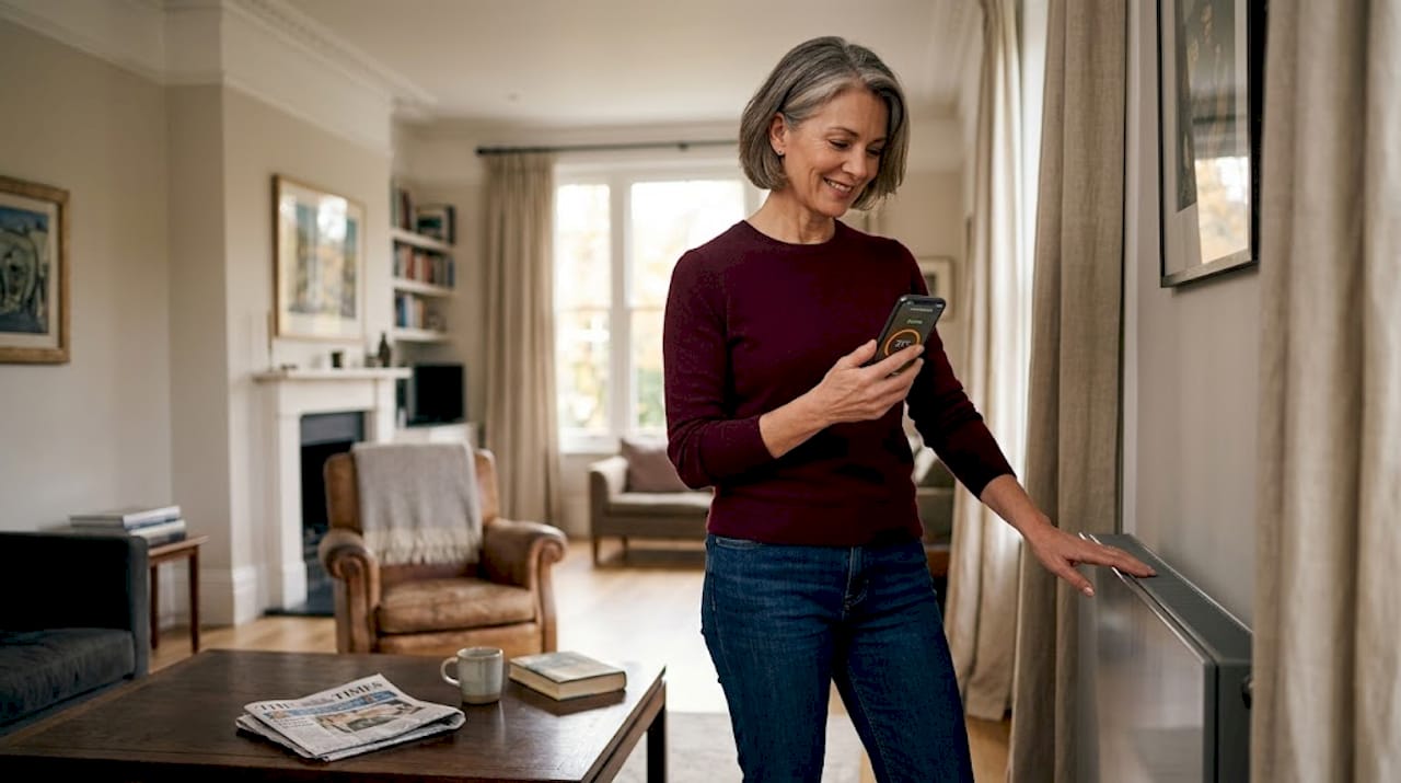 Woman checking heating efficiency at home