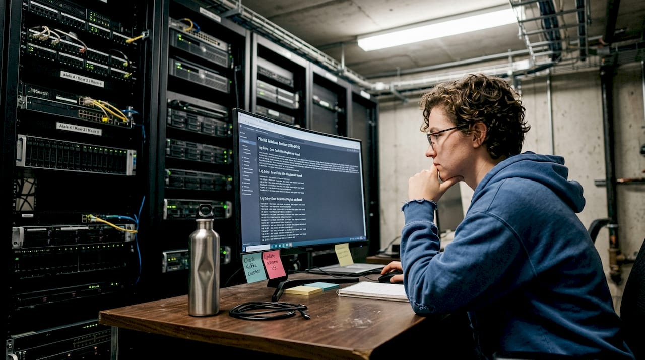 Engineer checks playlist database in server room