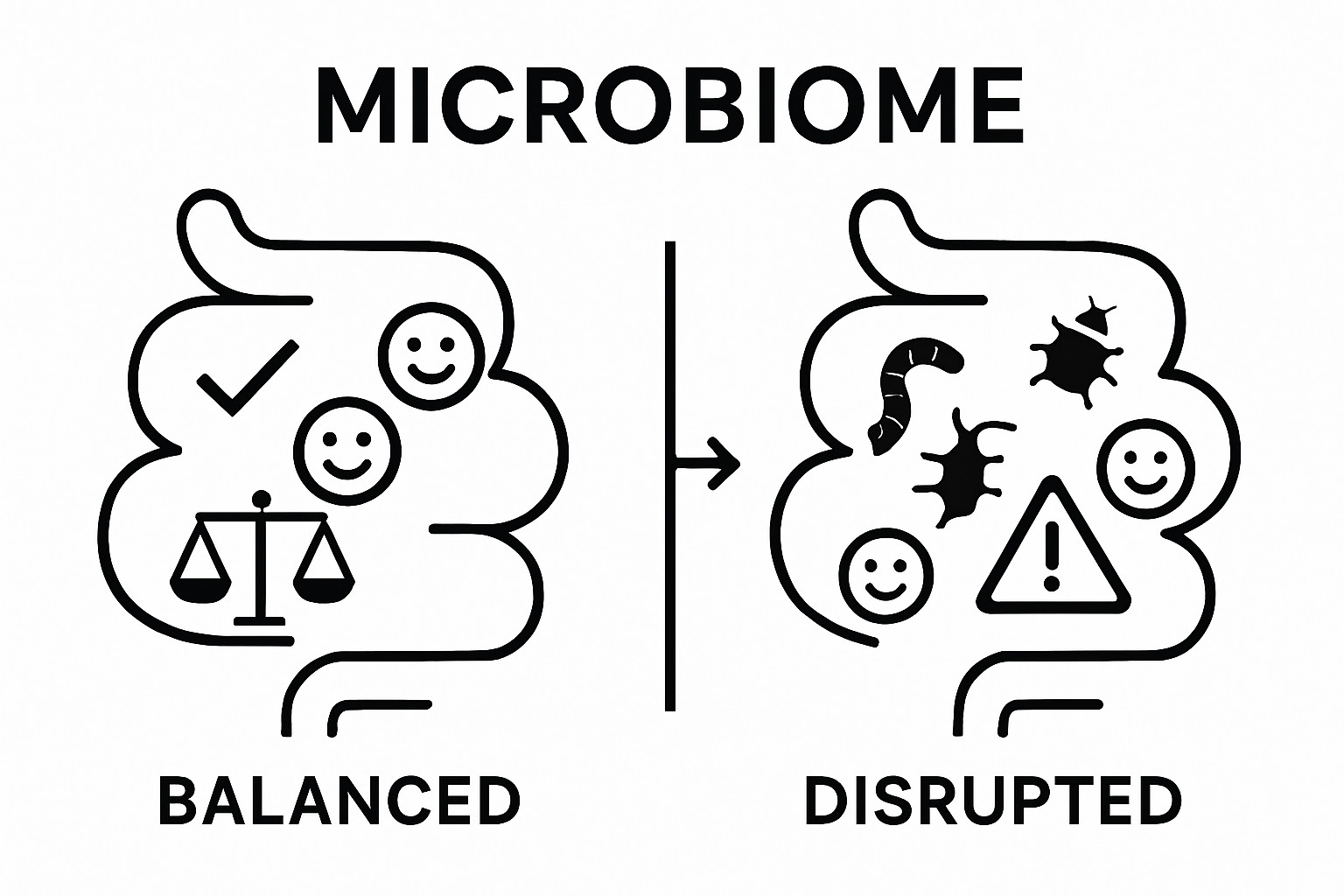 Infographic comparing balanced gut microbiome versus parasite-affected gut