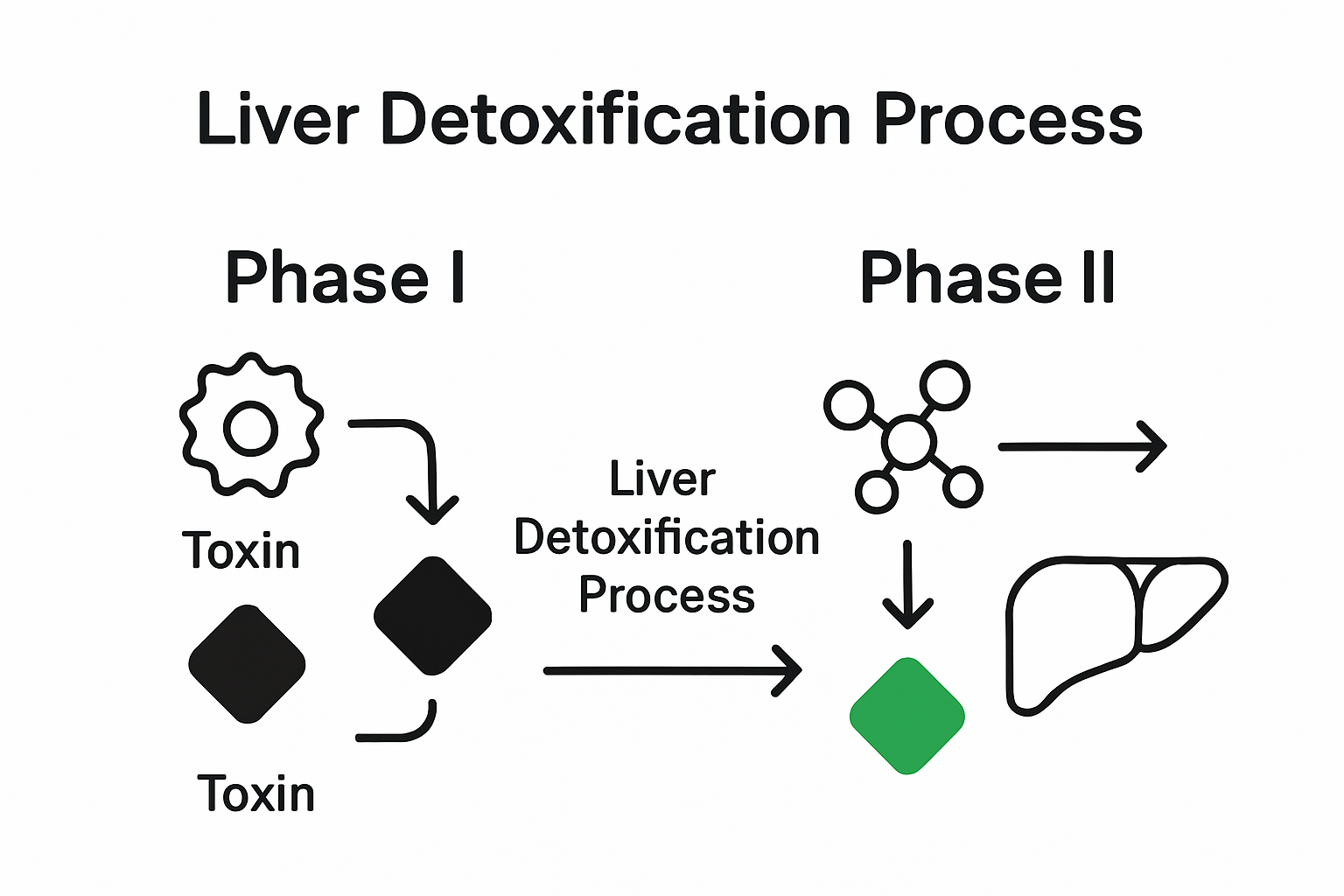 Comparison of Phase I vs Phase II liver detoxification with simple icons