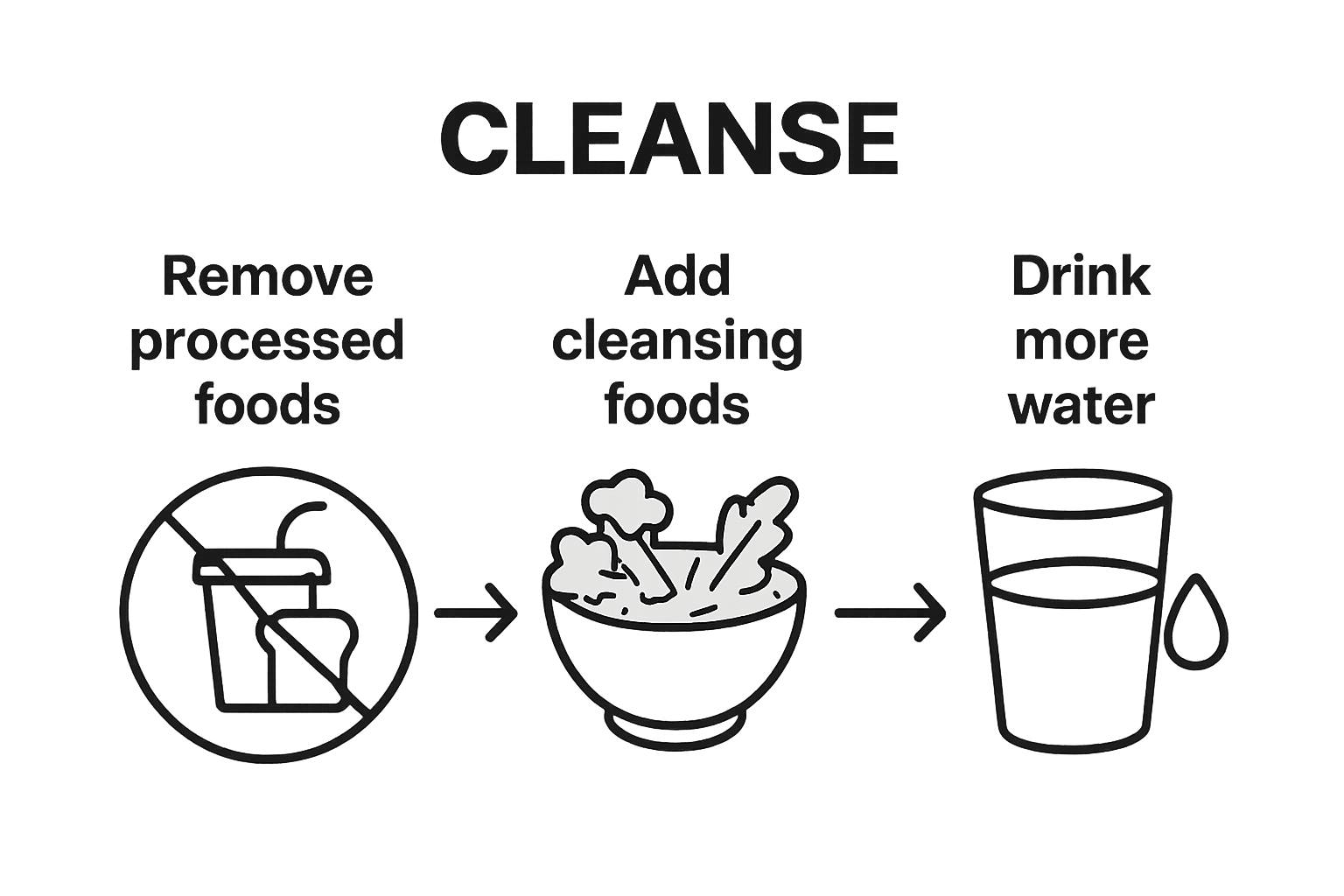 Infographic illustrates three gut cleanse prep steps with simple icons and arrows.