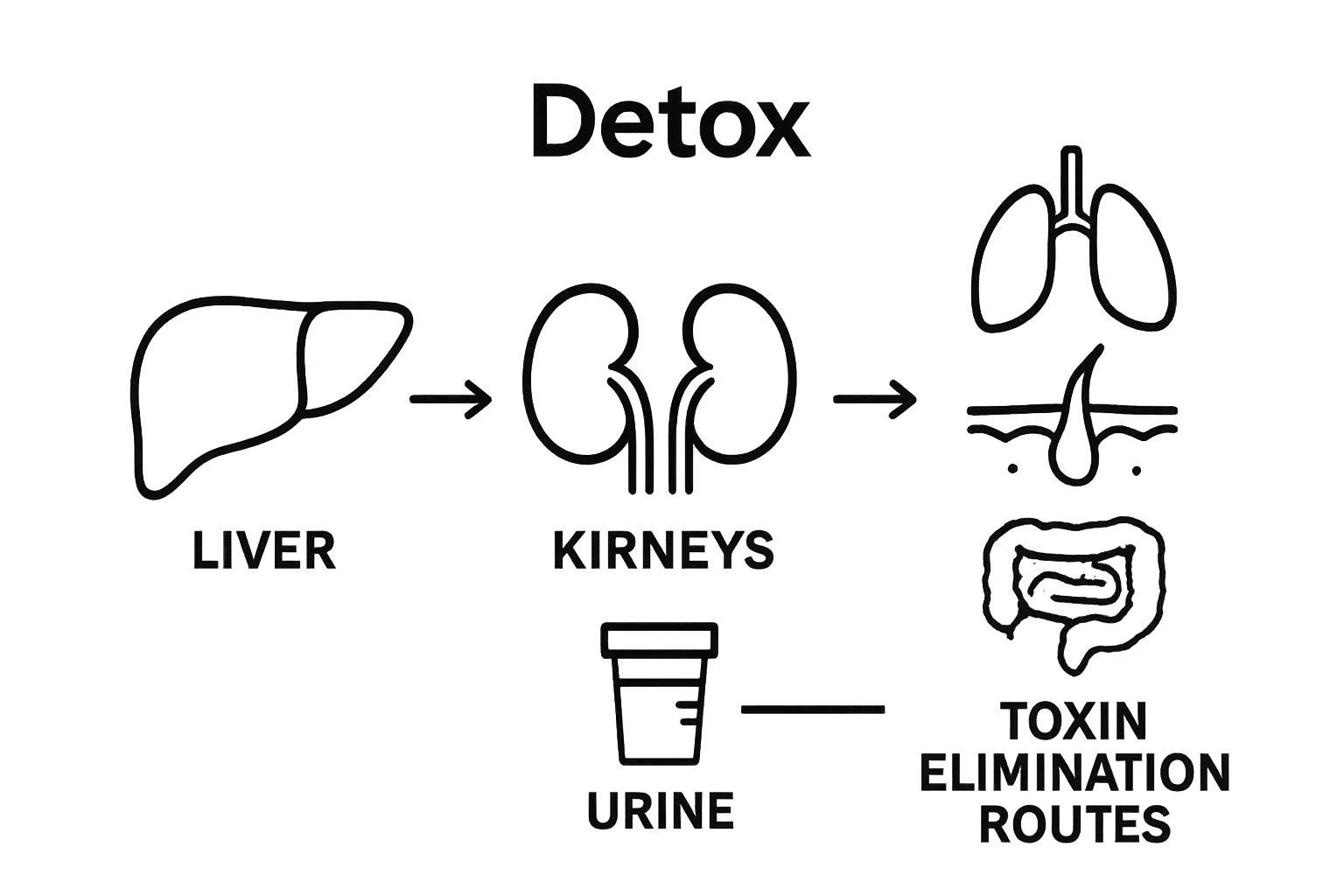 Illustration showing liver, kidneys, and other organs involved in detoxification