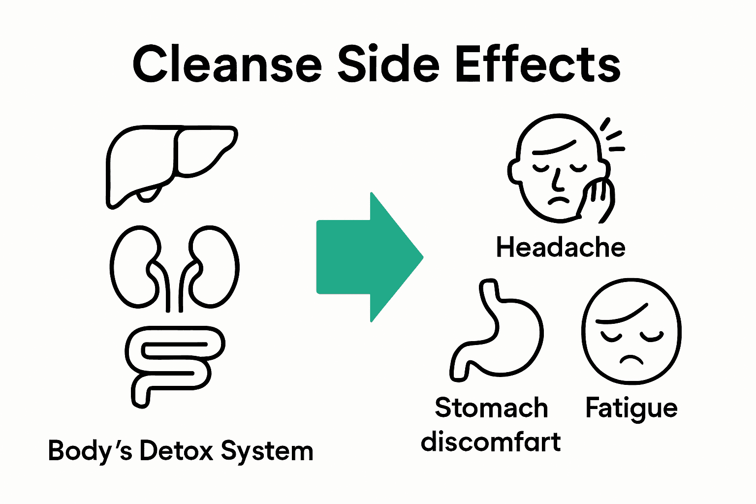Infographic showing body detox organs versus typical cleanse side effects.