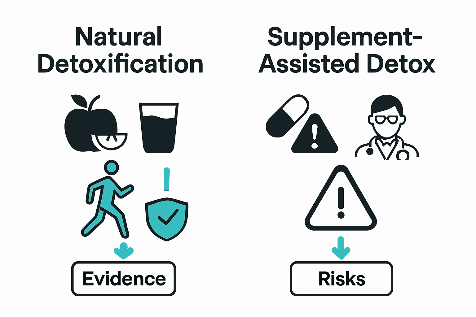 Infographic comparing natural versus supplement-assisted detox pathways with icons for foods, exercise, and supplements.