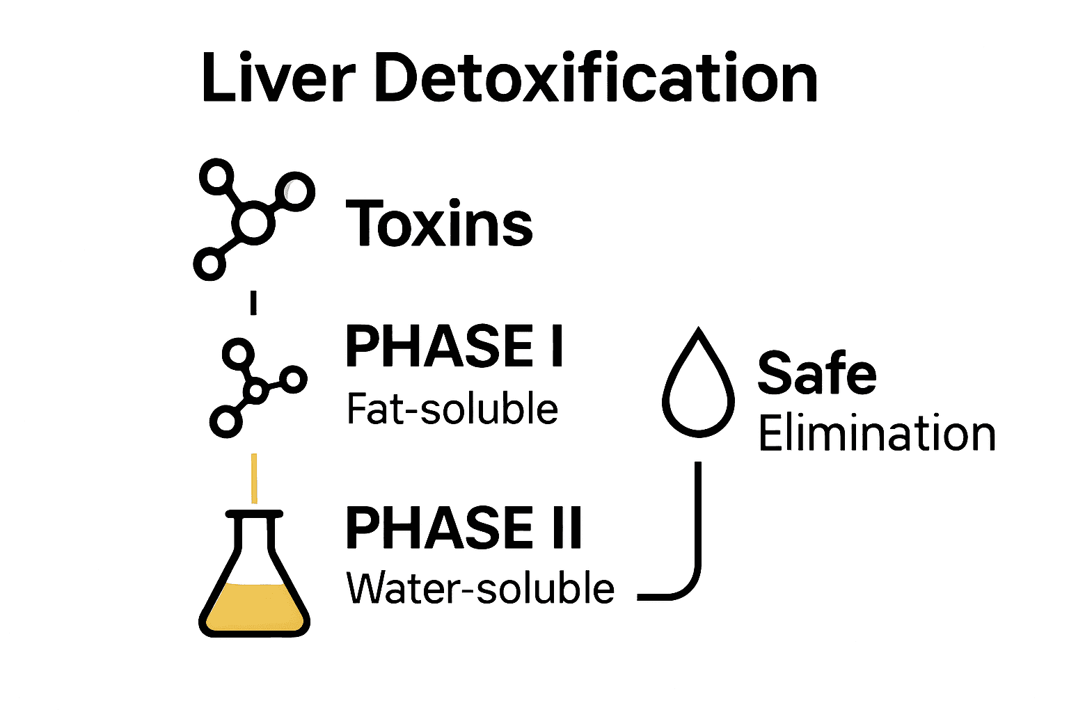 Infographic showing two-phase liver detox process with icons and arrows.