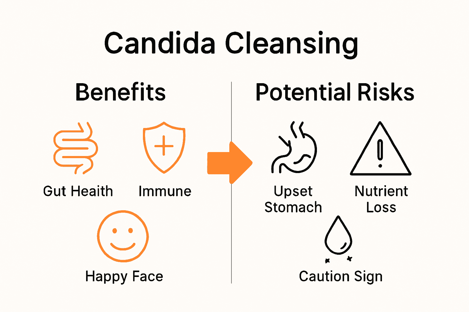 Infographic showing benefits and risks of candida cleanse: healthy gut, immune boost, upset stomach, and caution sign.