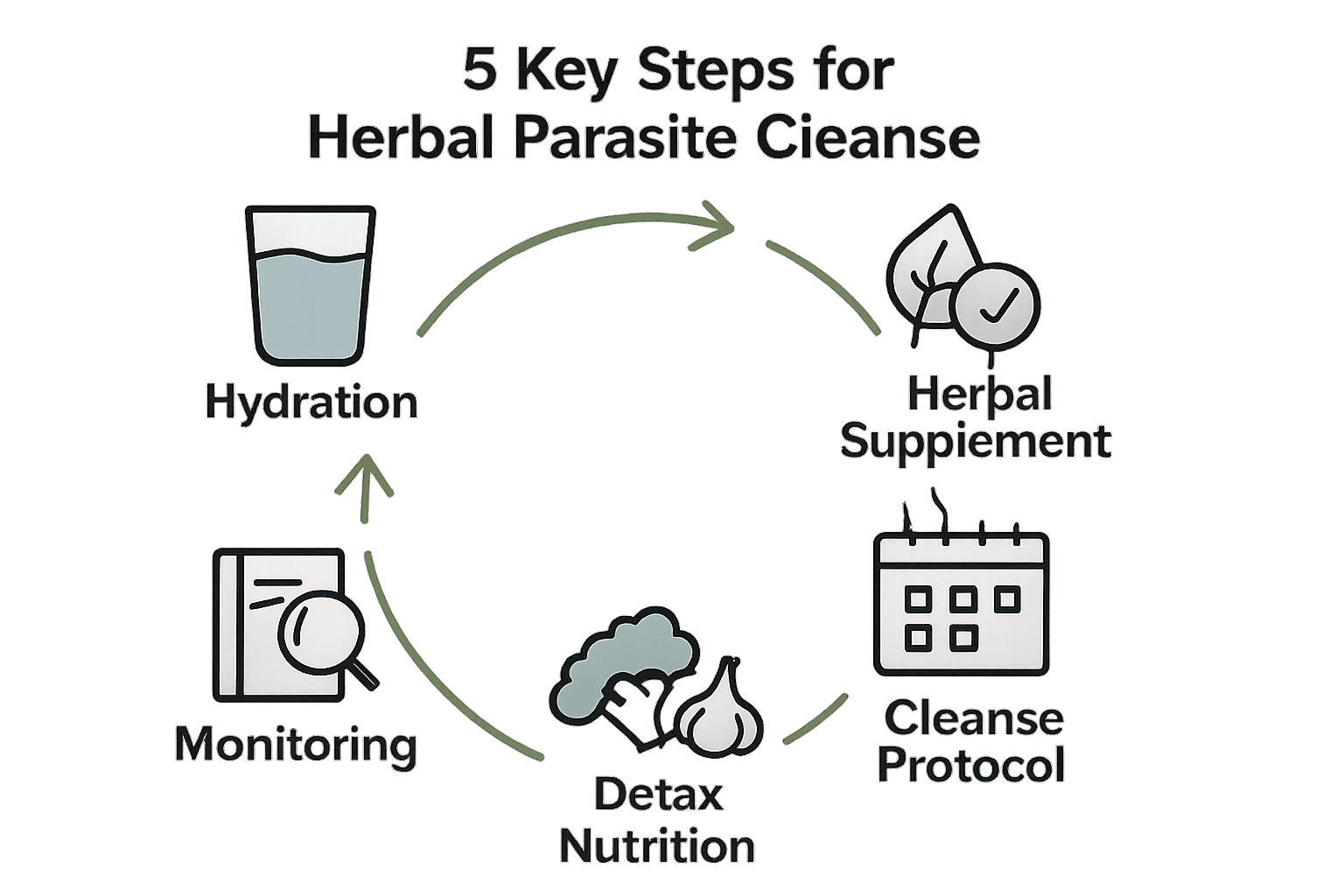 Infographic illustrating five steps of herbal parasite cleanse with icons and arrows.