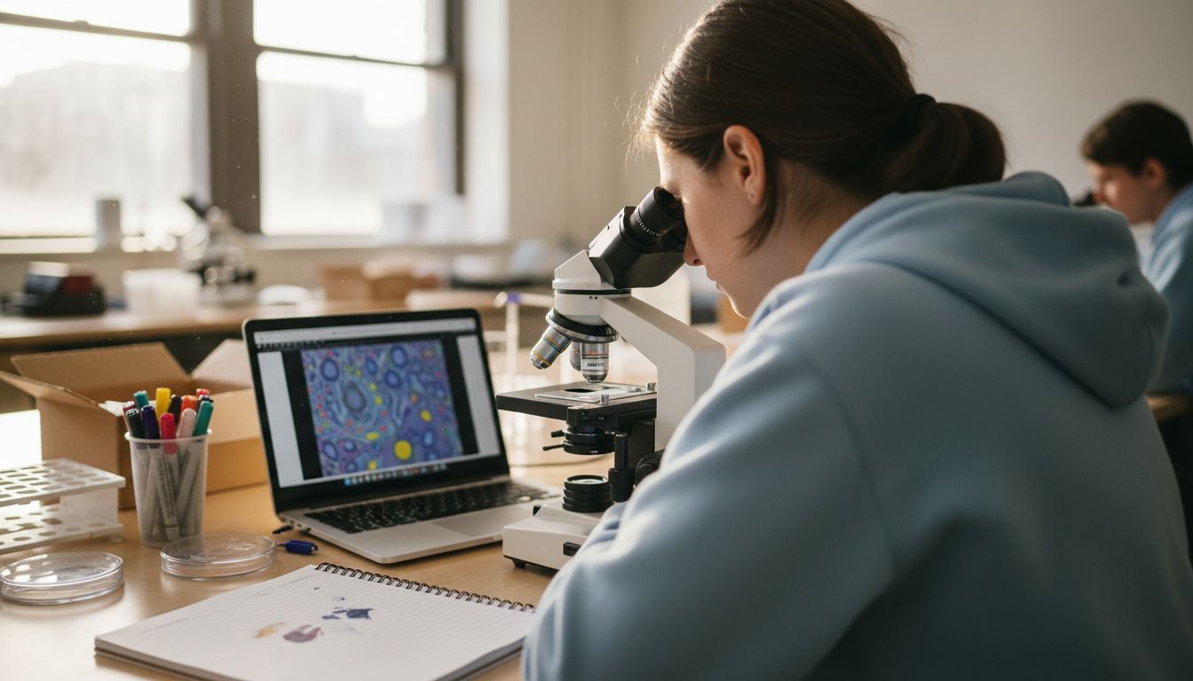 Student examining parasite sample under microscope