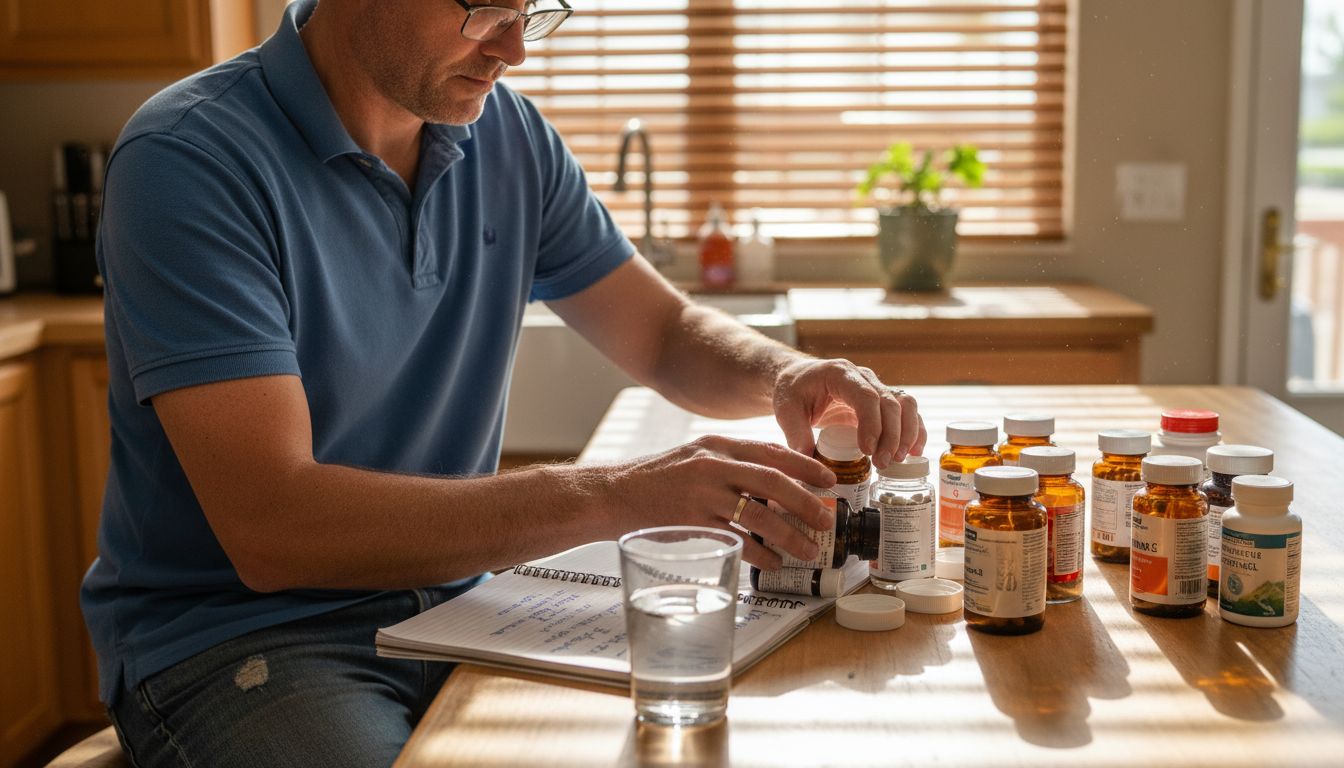 Man organizing detox supplements on kitchen counter
