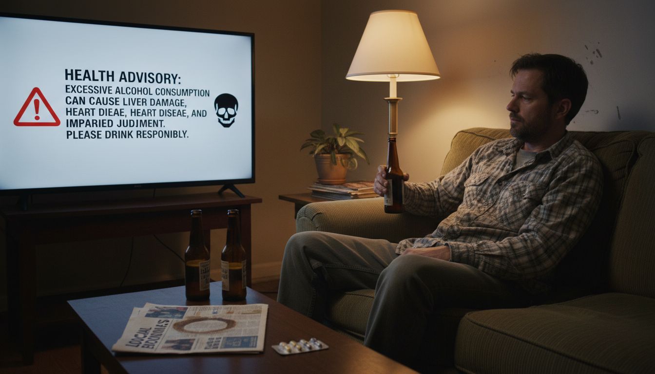 Man with beer and health warning on TV